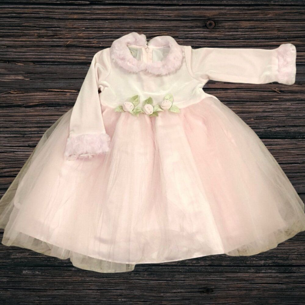 Marmellata Girls 24M Pink Velvet Tulle Faux Fur Rosette Holiday Dress